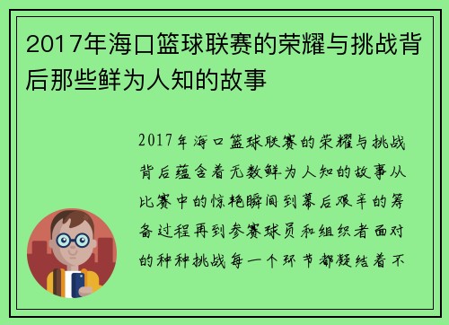 2017年海口篮球联赛的荣耀与挑战背后那些鲜为人知的故事