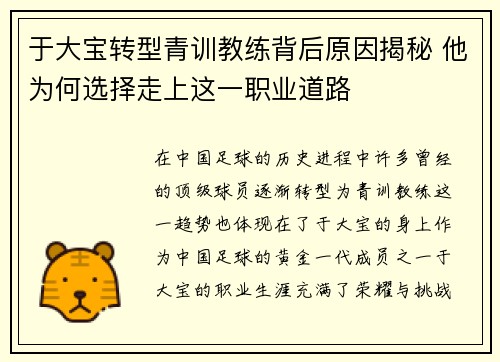 于大宝转型青训教练背后原因揭秘 他为何选择走上这一职业道路