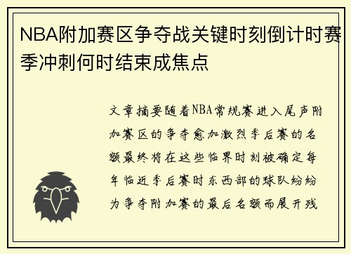 NBA附加赛区争夺战关键时刻倒计时赛季冲刺何时结束成焦点